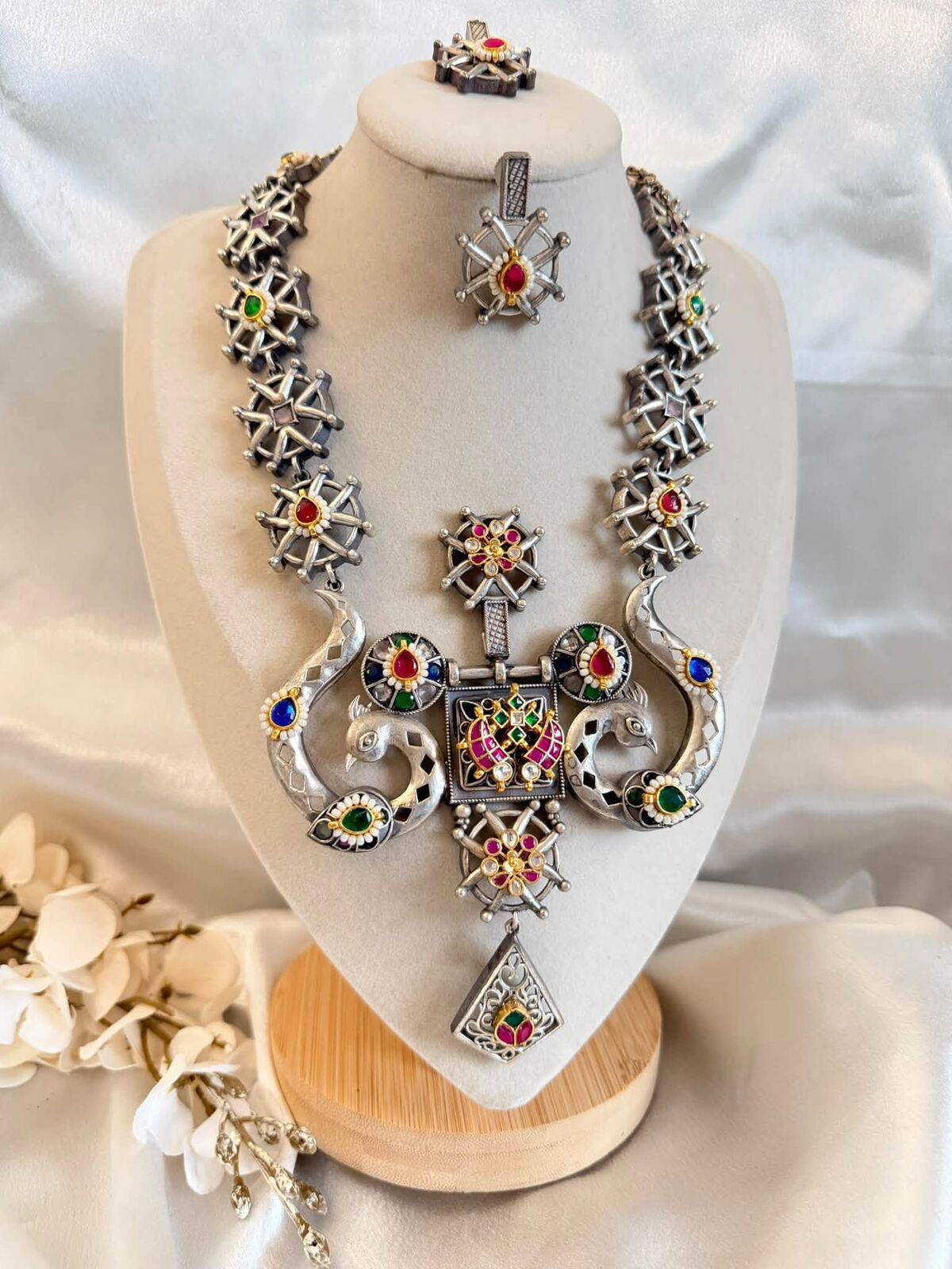 Oxidized silver peacock necklace set