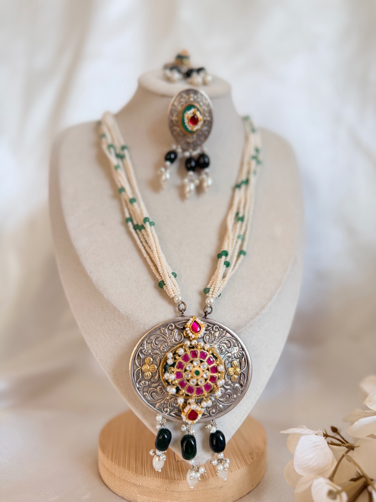Pearl Beaded Long Haar Set with Intricate Carved Silver