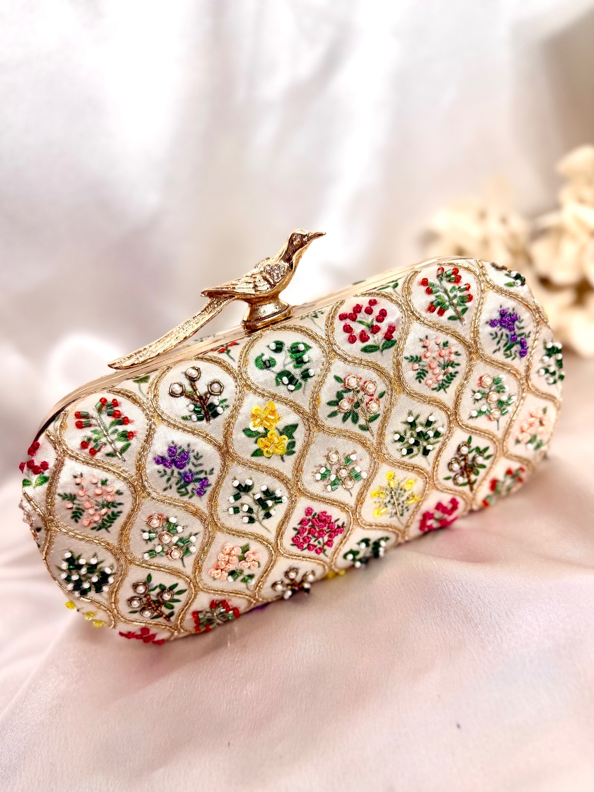 Off-White Floral Embroidered Bird Clutch