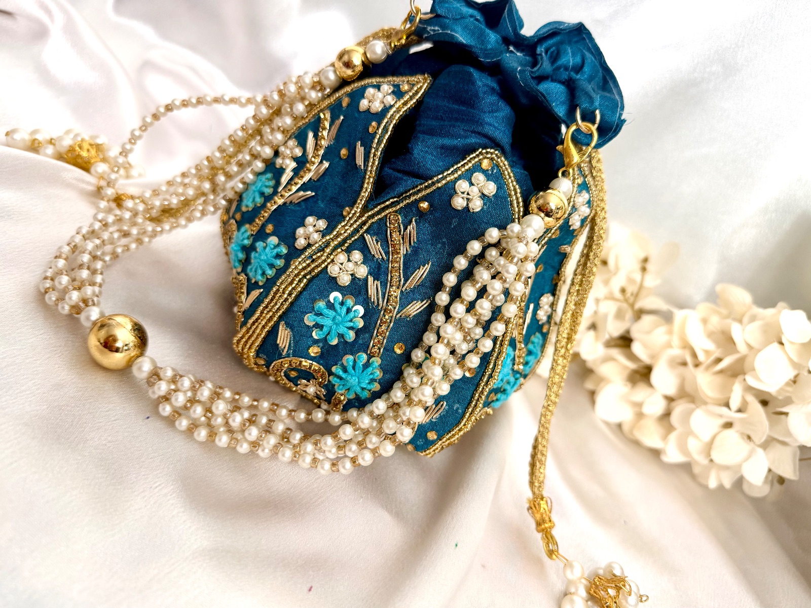 Blue Zardozi Lotus Potli Bag