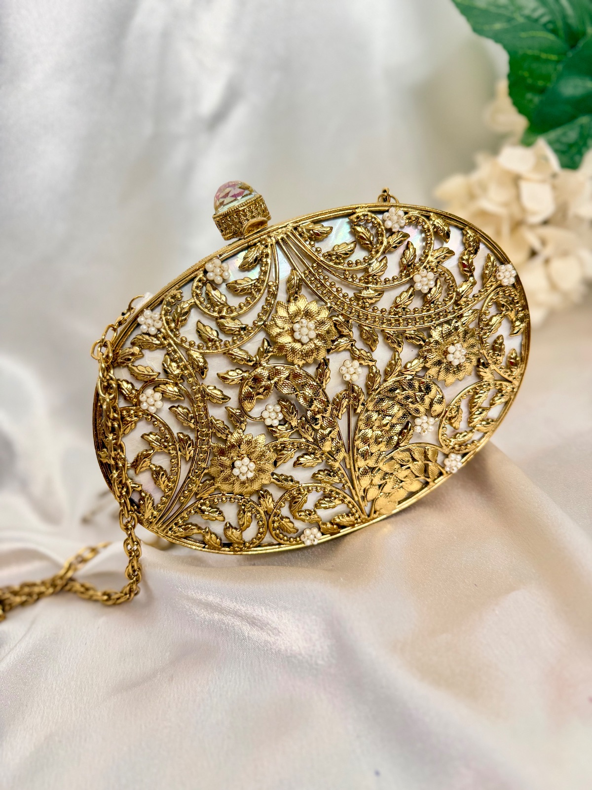 Oval MOP Clutch With Floral Pattern